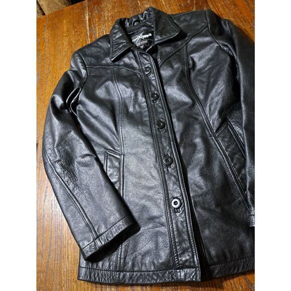 Vintage Small Maxima Wilson Black Leather Button Front Coat Jacket Long Sleeve - Picture 3 of 9